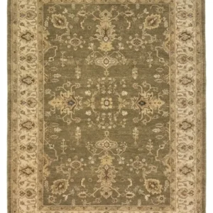 Full overhead view of a 6' x 9' hand-knotted India Chobi wool rug featuring a muted olive green field with cream and tan floral patterns.