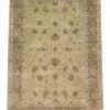 Full overhead view of a rectangular 6' x 9' hand-knotted India Chobi wool rug featuring a muted sage green and gold field with subtle floral palmettes.