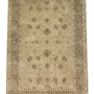 Full overhead view of a rectangular 6' x 9' hand-knotted India Chobi wool rug featuring a muted sage green and gold field with subtle floral palmettes.