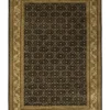 Full overhead view of a 5' 11" x 9' hand-knotted Indian wool rug with a black field featuring a dense olive-gold geometric floral lattice and an ornate border.