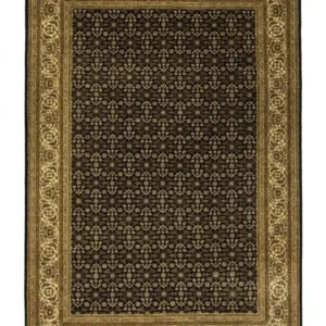 Full overhead view of a 5' 11" x 9' hand-knotted Indian wool rug with a black field featuring a dense olive-gold geometric floral lattice and an ornate border.