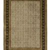 Full overhead view of a 6' 1" x 9' 1" hand-knotted Indian wool rug with a cream-ivory field and a wide, ornate black botanical border.
