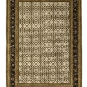 Full overhead view of a 6' 1" x 9' 1" hand-knotted Indian wool rug with a cream-ivory field and a wide, ornate black botanical border.