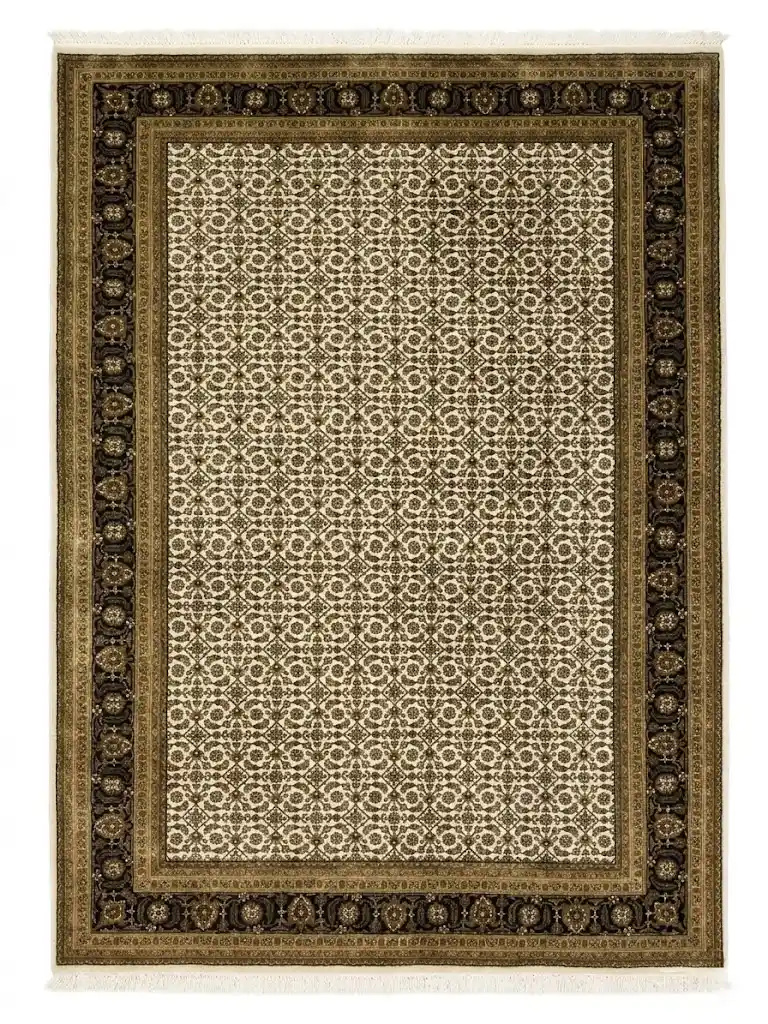 Full overhead view of a 6' 1" x 9' 1" hand-knotted Indian wool rug with a cream-ivory field and a wide, ornate black botanical border.