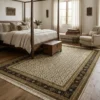 Elegant bedroom with a four-poster wooden bed and neutral linens, featuring a 6' 1" x 9' 1" ivory and black Indian rug.
