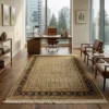 Sophisticated home office with a dark wood executive desk and leather armchairs, featuring a 6' x 9' 2" white and cream Indian wool rug centered in the room.