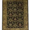 Full overhead view of a 6' x 9' hand-knotted Indian wool rug with a black field, golden-olive lattice patterns, and burgundy floral accents.