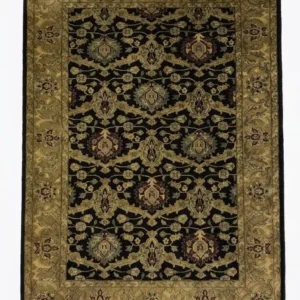 Full overhead view of a 6' x 9' hand-knotted Indian wool rug with a black field, golden-olive lattice patterns, and burgundy floral accents.