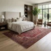 Bright modern bedroom with a beige upholstered bed and wooden accents, anchored by an 8x11 Persian Heriz rug under the bed.