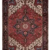 Full overhead view of an 8' 2" x 11' 5" hand-knotted Persian Heriz wool rug featuring a bold geometric central medallion on a rich red field with navy blue corners.