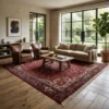 Bright contemporary living room with a neutral sofa and cognac leather chairs, featuring a large 9x11 Persian Heriz rug on light wood floors.