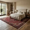 Peaceful minimalist bedroom with beige linens and wooden accents, anchored by a large 9x11 Persian Heriz rug providing a warm foundation under the bed.