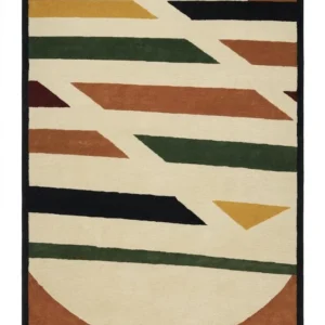 Full overhead view of a 5' 8" x 8' 7" hand-tufted Indian wool rug featuring a large navy and crimson central medallion on a luminous cream-ivory field.