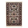 Overhead view of a 1' 3" x 2' 0" hand-knotted Indian wool rug featuring an ivory field with a central diamond medallion and earthy botanical accents in sage, copper, and navy.