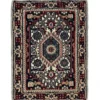 Overhead view of a 1' 6" x 1' 10" hand-knotted Indian wool rug with a detailed central medallion and multi-layered geometric borders.