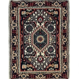 Overhead view of a 1' 6" x 1' 10" hand-knotted Indian wool rug with a detailed central medallion and multi-layered geometric borders.