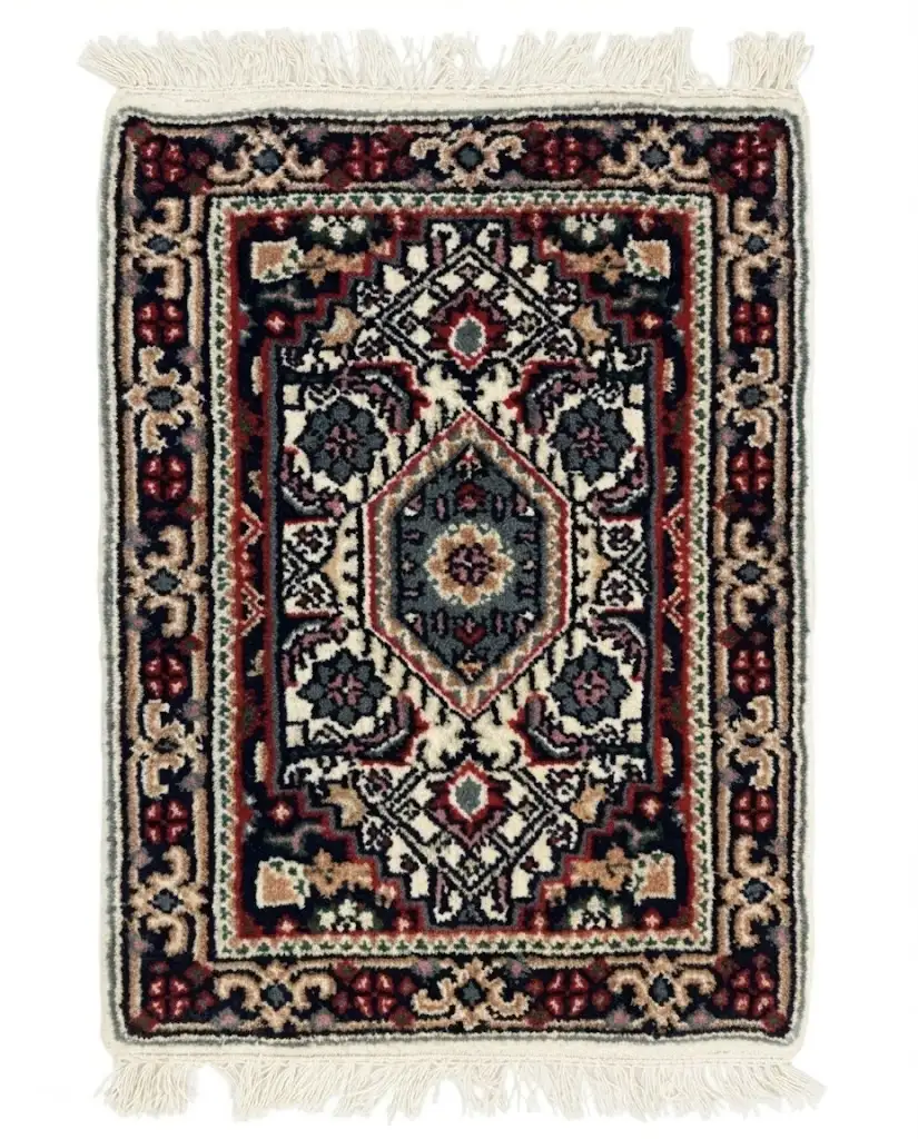 Overhead view of a 1' 6" x 1' 10" hand-knotted Indian wool rug with a detailed central medallion and multi-layered geometric borders.