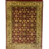 Overhead view of a 1' 8" x 2' 3" hand-knotted Indian wool rug with a deep burgundy floral field and an ornate gold and ivory botanical border.
