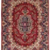 Full overhead view of an 8' 2" x 11' 5" hand-knotted Iran Darbari wool rug featuring a large navy and ivory medallion on a saturated red field with an intricate floral border.