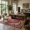 Professional home office with a dark wood desk and glass doors, anchored by a large 8x11 red and navy Iran Darbari wool rug.