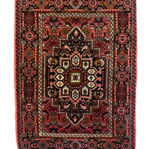 Full overhead view of a 1' 10" x 2' 6" hand-knotted Iranian Gholtogh wool rug with a complex hexagonal medallion and rich terracotta field.