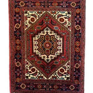 Full overhead view of a 1' 8" x 2' 3" hand-knotted Iranian Gholtogh wool rug with a central geometric medallion and a saturated red field.