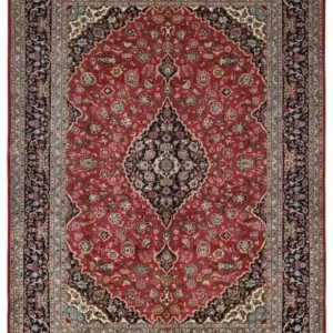 Full overhead view of a 9' 6" x 12' 5" hand-knotted Persian Kashan wool rug featuring a large navy central medallion on a vibrant red field with a wide floral border.