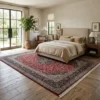 Spacious bedroom with a beige upholstered bed and natural wood accents, featuring a large Kashan rug providing a warm, traditional foundation under the bed.
