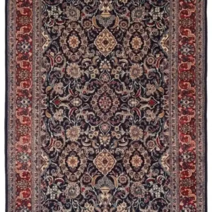 Full overhead view of a 6' 8" x 10' 6" hand-knotted Persian Mood wool rug featuring a dense navy field and a vibrant red botanical border.