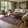 Elegant transitional living room with neutral sofas and a wooden coffee table, anchored by a navy and red Persian Mood rug on hardwood floors.