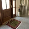 Bright modern entryway with a walnut glass door and a concrete console, featuring a small green Persian accent rug centered on a gray floor.