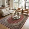 Luminous contemporary living room with a beige sofa and glass coffee table, anchored by a 6x10 red and navy Tabriz Persian rug.