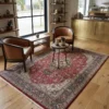 High-end modern coffee shop with walnut bar counters and bistros, anchored by a large red Tabriz Persian rug under wood and steel seating.