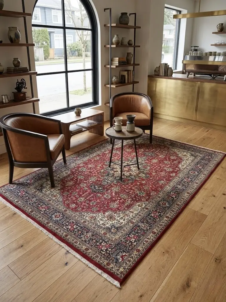 High-end modern coffee shop with walnut bar counters and bistros, anchored by a large red Tabriz Persian rug under wood and steel seating.