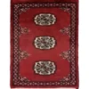 Overhead view of a 1' 6" x 1' 11" hand-knotted Pakistan Bokhara wool rug featuring a deep red field and three central ivory gul medallions.