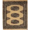 Overhead view of a 1' 7" x 1' 10" hand-knotted Pakistan Bokhara wool rug featuring a luminous gold field and three central gul medallions.