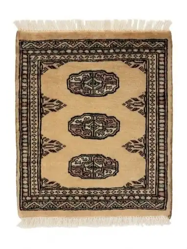 Overhead view of a 1' 7" x 1' 10" hand-knotted Pakistan Bokhara wool rug featuring a luminous gold field and three central gul medallions.