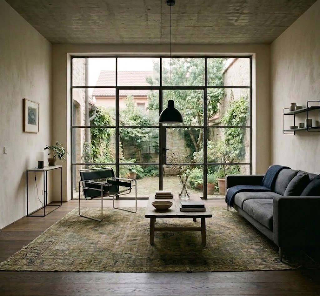 Living room with old rug Image of living room with old rug