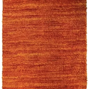 Overhead view of a 1' 3" x 2' 0" tufted Indian wool rug featuring a vibrant, solid sunset-orange color with a deep, shaggy texture.
