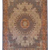 Full overhead view of a 6' 3" x 9' 5" hand-knotted Iranian Birjand wool rug with a massive circular sunburst medallion on a detailed ivory and indigo field.