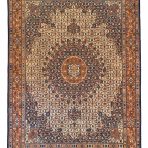 Full overhead view of a 6' 3" x 9' 5" hand-knotted Iranian Birjand wool rug with a massive circular sunburst medallion on a detailed ivory and indigo field.