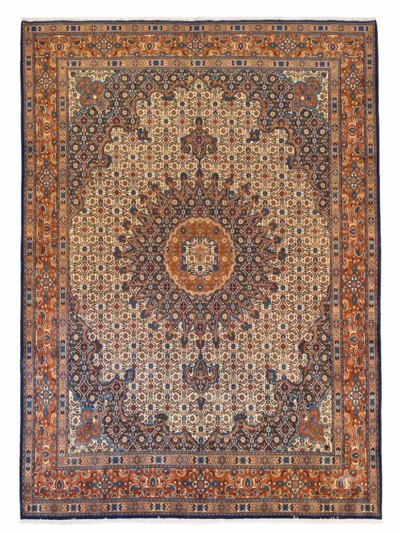 Full overhead view of a 6' 3" x 9' 5" hand-knotted Iranian Birjand wool rug with a massive circular sunburst medallion on a detailed ivory and indigo field.
