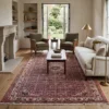 Hand-knotted Persian Hoseinabad wool rug styled in a bright modern living room under a wooden coffee table between white and green armchairs.