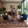 High-end primary bedroom suite with a walnut platform bed and rust throw blanket, grounded by a blue and gold Khalkhal wool rug.