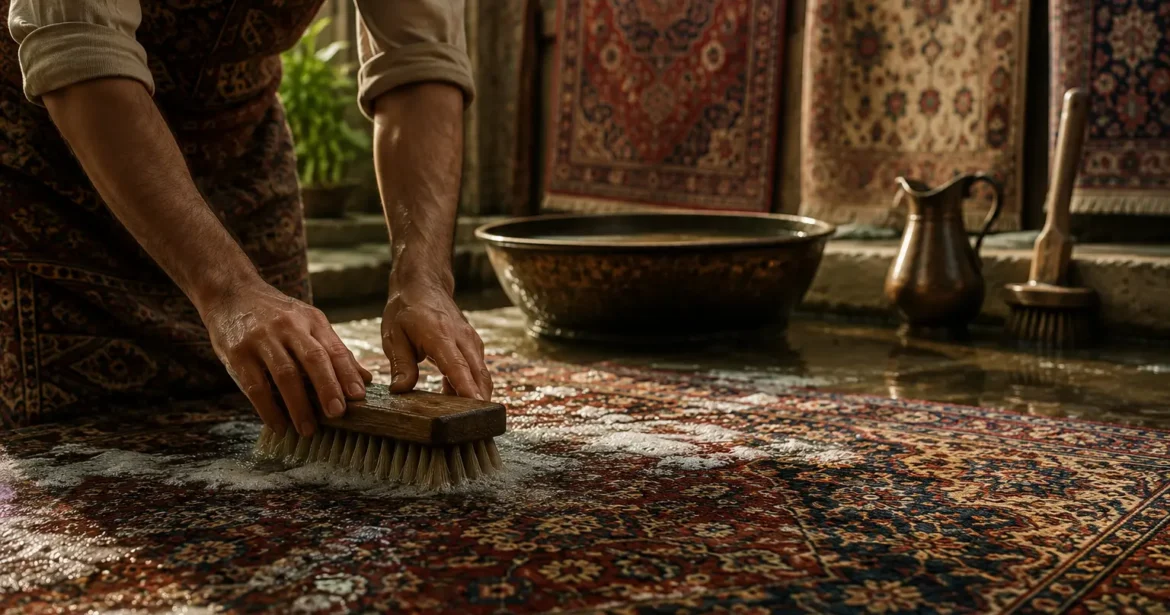 Traditional Persian rug cleaning by hand, with an artisan washing a detailed oriental carpet using a wooden brush in a warm workshop setting.