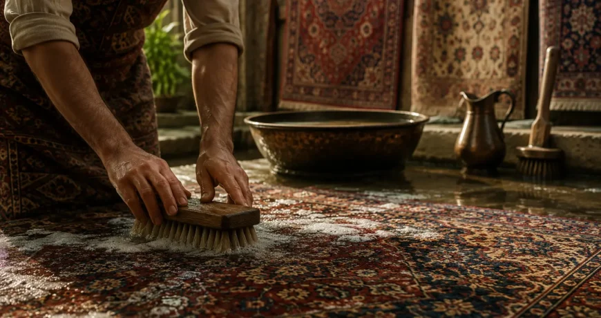 Traditional Persian rug cleaning by hand, with an artisan washing a detailed oriental carpet using a wooden brush in a warm workshop setting.