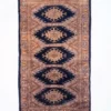 Overhead view of a 1' 6" x 3' 0" hand-knotted Pakistan Jaldar wool rug featuring a deep navy field with five central diamond guls and a sand-gold border.