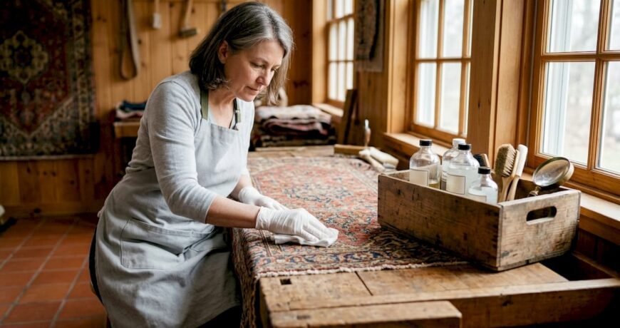 Conservator gently cleaning antique rug