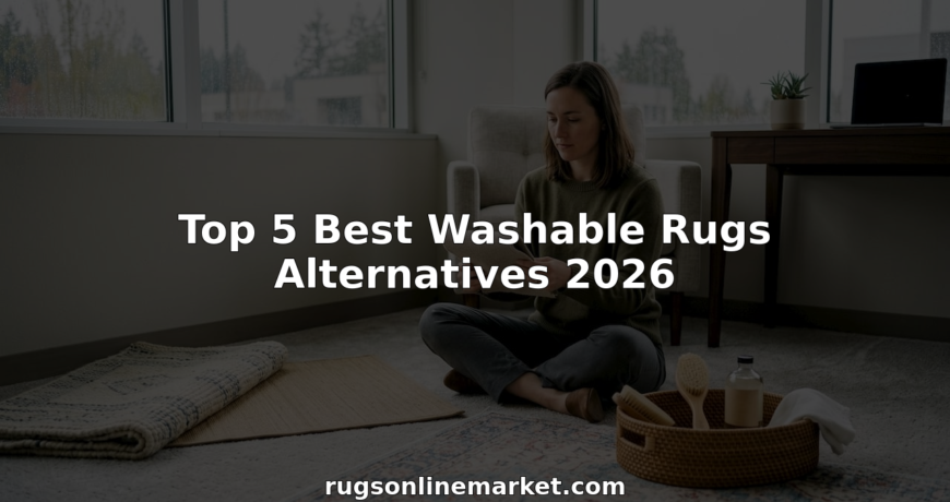 Woman examining washable rug alternatives at home