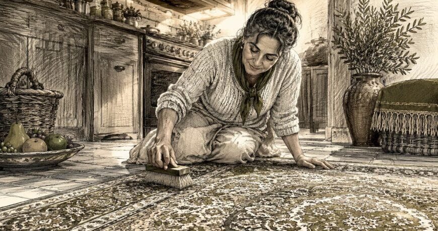 Woman gently vacuuming silk rug at home